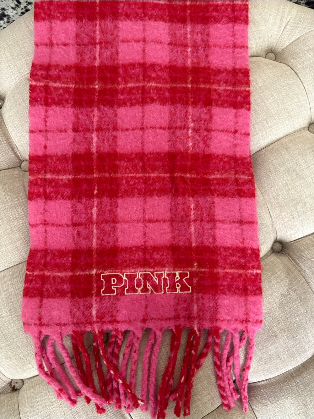 PINK Victoria's Secret Pink and Red Plaid Fringe Scarf